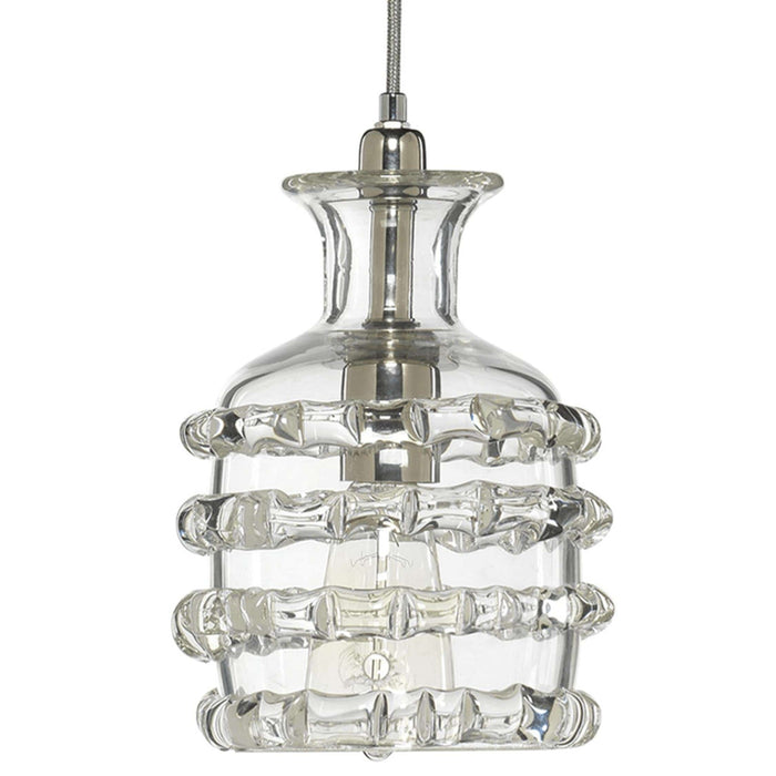 Clear glass round ribbon pendant light with nickel hardware and thick hand-blown glass design.