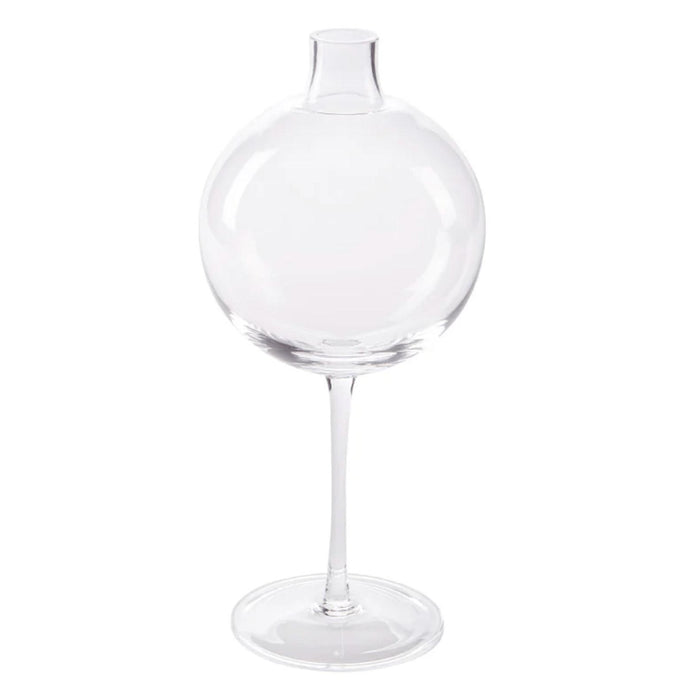 Clear glass vase with a spherical body and a slender wine glass stem on a round base.