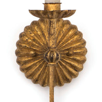 Antique gold leaf Clove Sconce with a fluted, shell-like backplate and a candelabra base.
