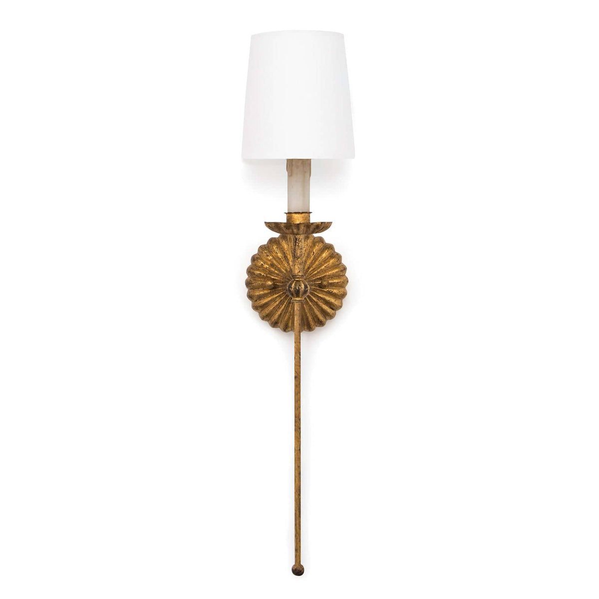 Clove Sconce with antique gold leaf finish, fluted backplate, and white linen shade.