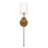 Clove Sconce with antique gold leaf finish, fluted backplate, and white linen shade.