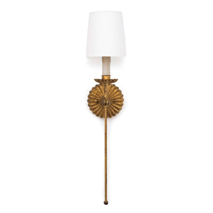 Clove Sconce with antique gold leaf finish, fluted backplate, and white linen shade.