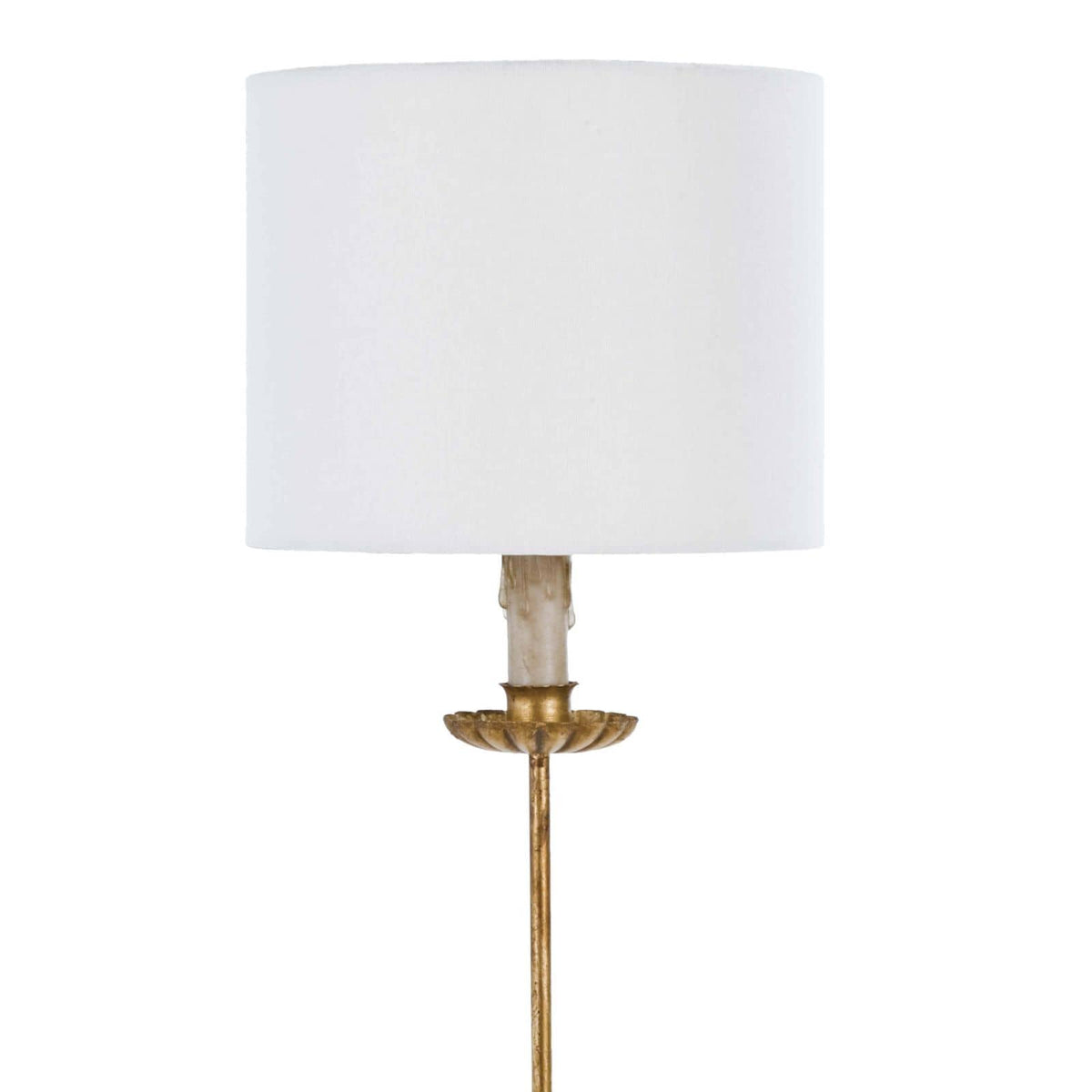 Elegant Clove Stem Buffet Table Lamp with an antiqued gold base and a natural linen shade.