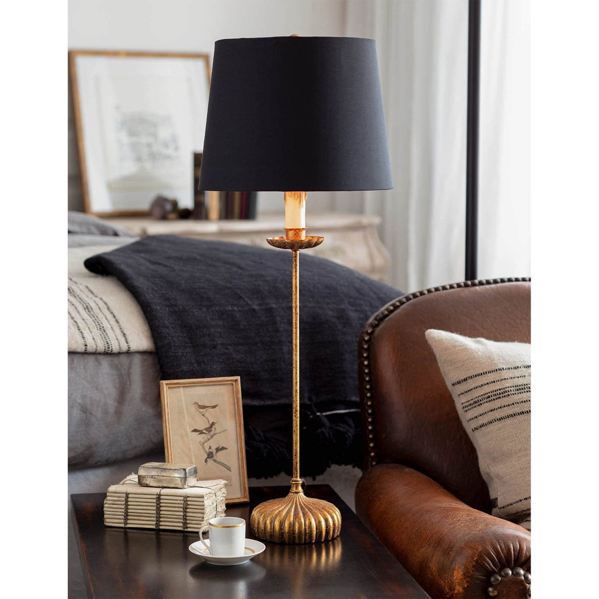 Clove Stem Buffet Table Lamp with antiqued gold base and black linen shade, 28.5" tall.
