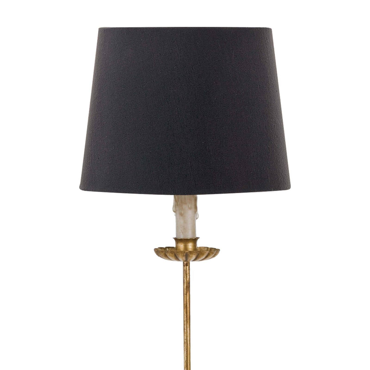 Elegant Clove Stem Buffet Table Lamp with antiqued gold base and black linen shade.