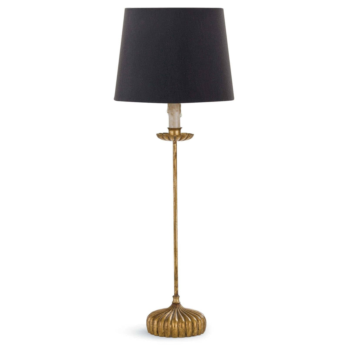 Clove Stem Buffet Lamp: elegant 28.5" tall table lamp with antiqued gold base and black linen shade.