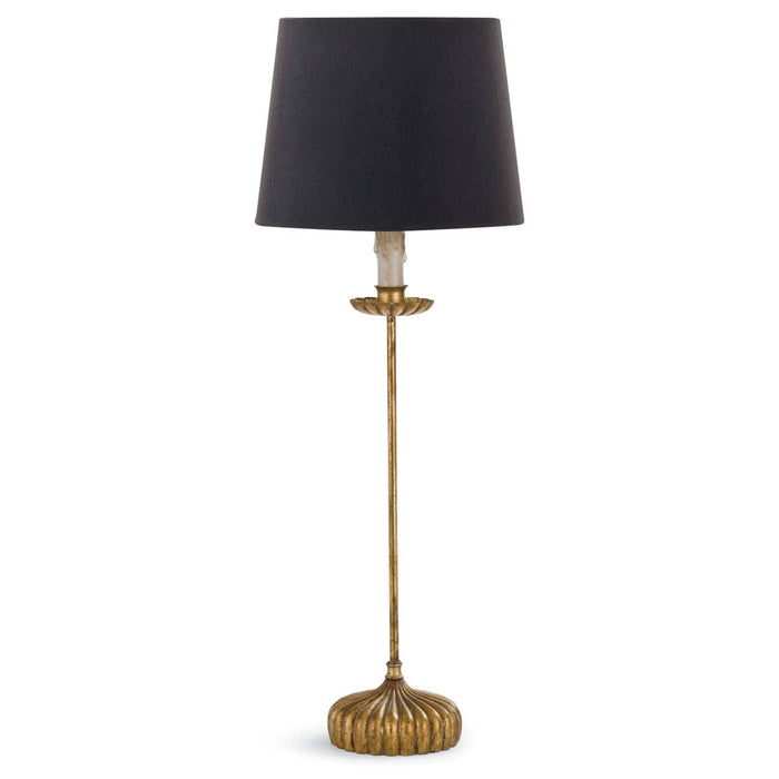 Clove Stem Buffet Lamp: elegant 28.5" tall table lamp with antiqued gold base and black linen shade.