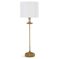 Clove Stem Buffet Table Lamp with an antiqued gold base and natural linen shade.