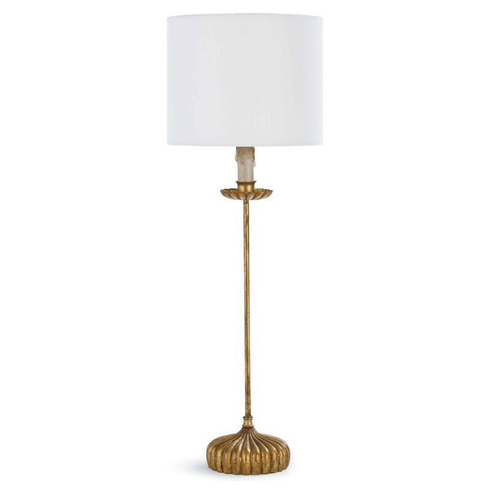 Clove Stem Buffet Table Lamp with an antiqued gold base and natural linen shade.