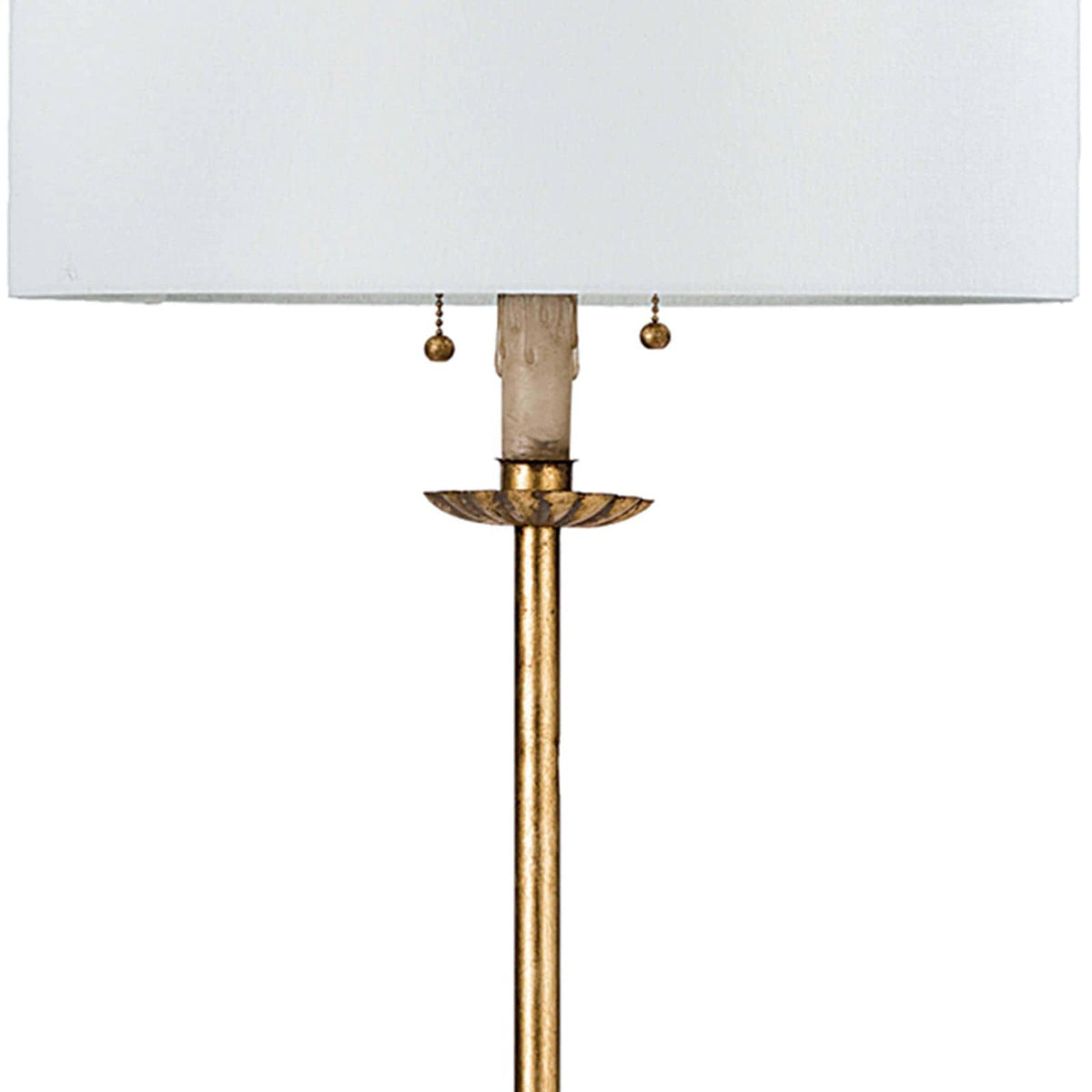 Clove Stem Floor Lamp with antique gold leaf finish and a natural linen rectangular shade.