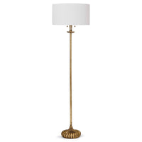 Clove Stem Floor Lamp with antique gold leaf finish, dramatic base, and natural linen shade.