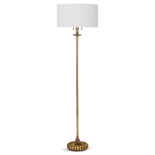 Clove Stem Floor Lamp with antique gold leaf finish, dramatic base, and natural linen shade.