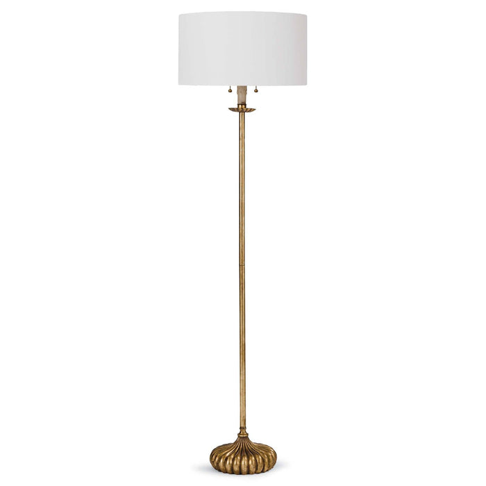 Clove Stem Floor Lamp with antique gold leaf finish, dramatic base, and natural linen shade.