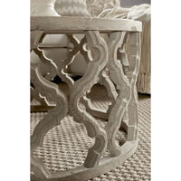 Clover reclaimed elm end table with smoke gray finish and quatrefoil-inspired carved base.