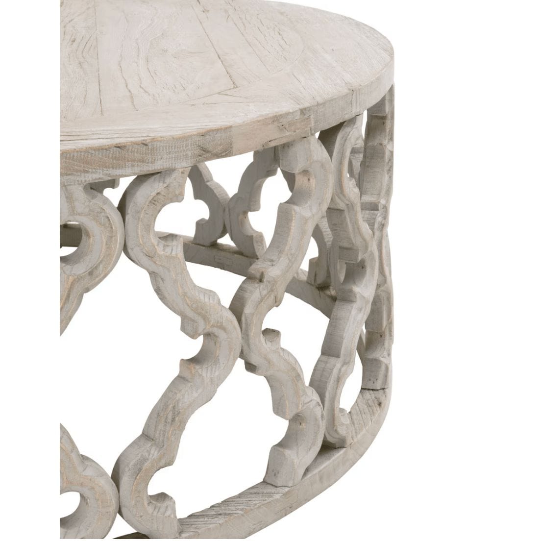 Clover reclaimed elm end table with smoke gray finish, unique plank top, and quatrefoil carved base.