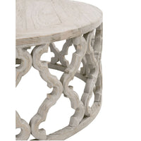 Clover reclaimed elm end table with smoke gray finish, unique plank top, and quatrefoil carved base.