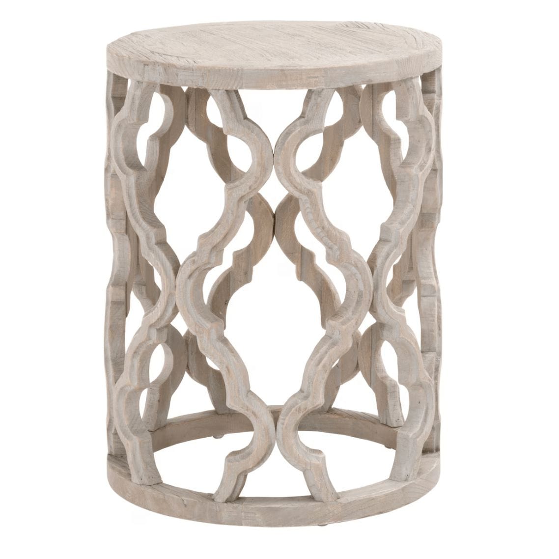 Clover reclaimed elm end table with smoke gray finish, round top, and quatrefoil-inspired carved base.