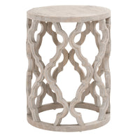 Clover reclaimed elm end table with smoke gray finish, round top, and quatrefoil-inspired carved base.
