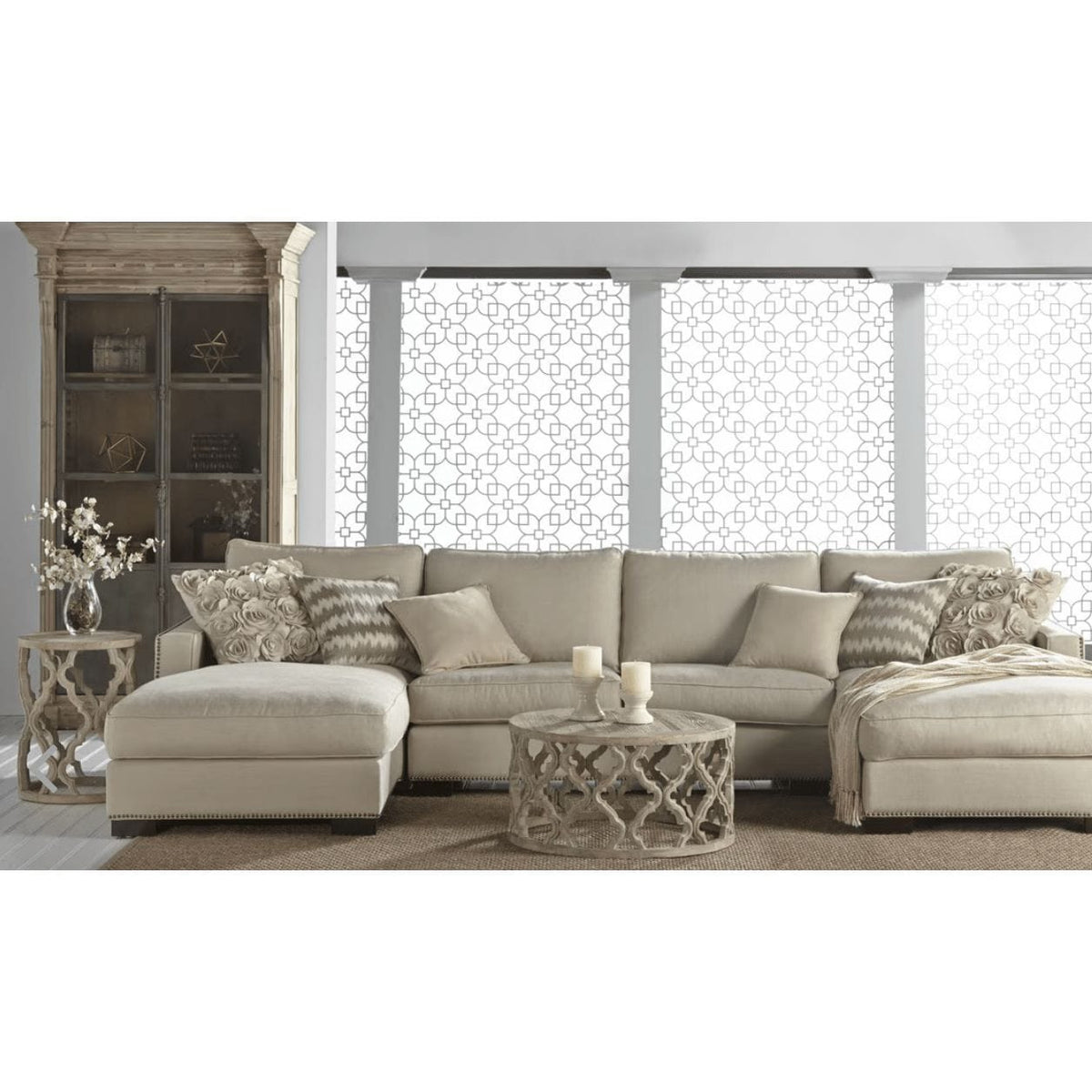 Clover Reclaimed Elm coffee and end tables with smoke gray finish and quatrefoil carved bases.