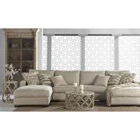 Clover Reclaimed Elm coffee and end tables with smoke gray finish and quatrefoil carved bases.