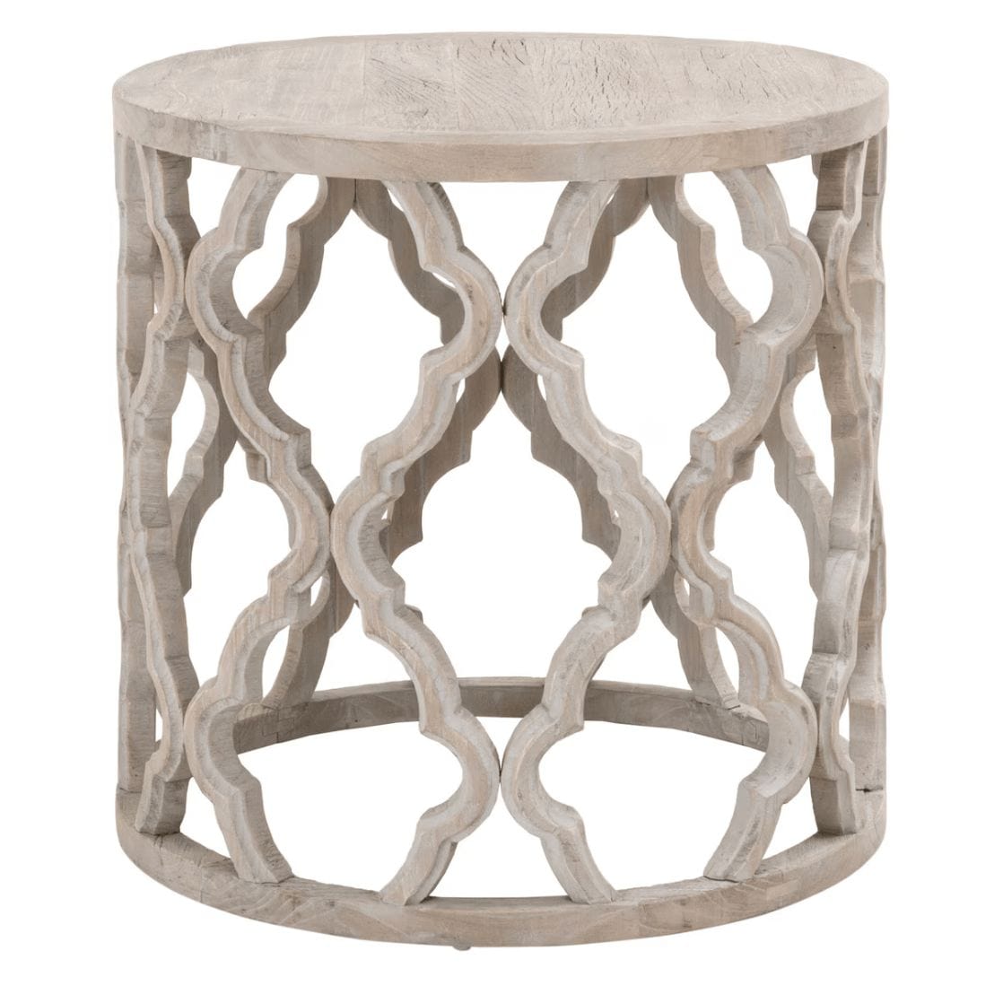 Clover reclaimed elm end table with smoke gray finish, round plank top, and quatrefoil carved base.