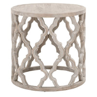Clover reclaimed elm end table with smoke gray finish, round plank top, and quatrefoil carved base.