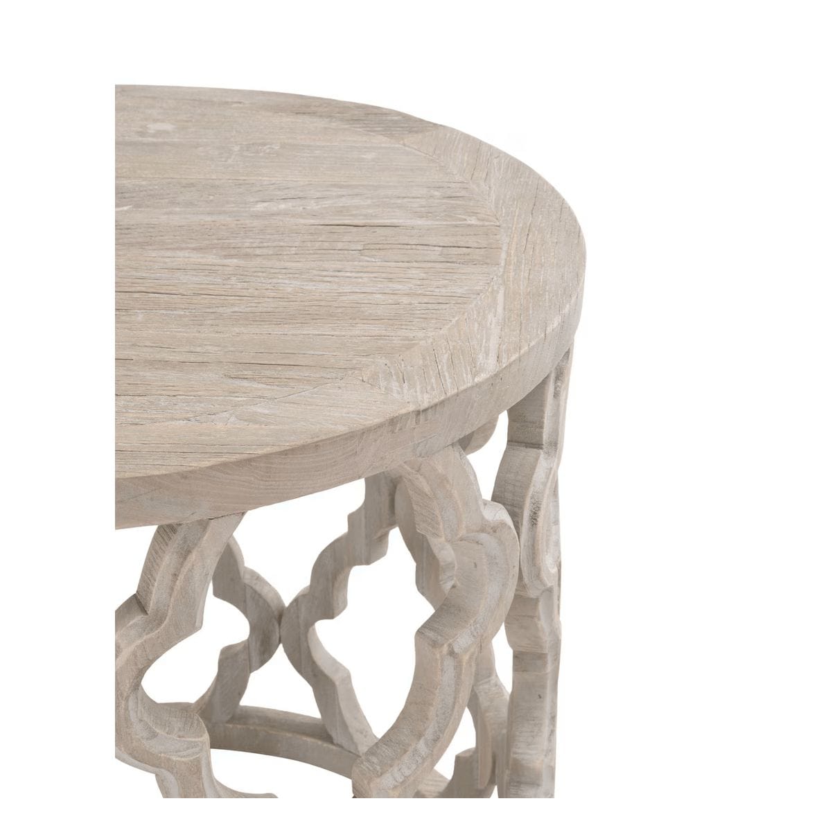 Clover reclaimed elm end table with smoke gray finish, round plank top, and quatrefoil carved base.