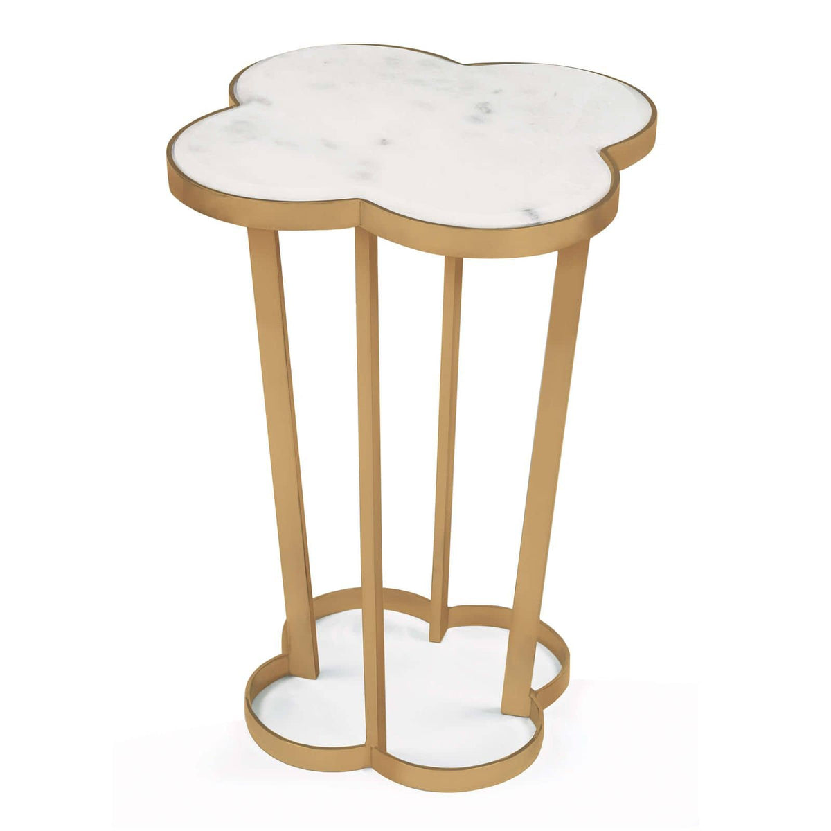 Clover-shaped side table with creamy white marble top and natural brass steel frame.