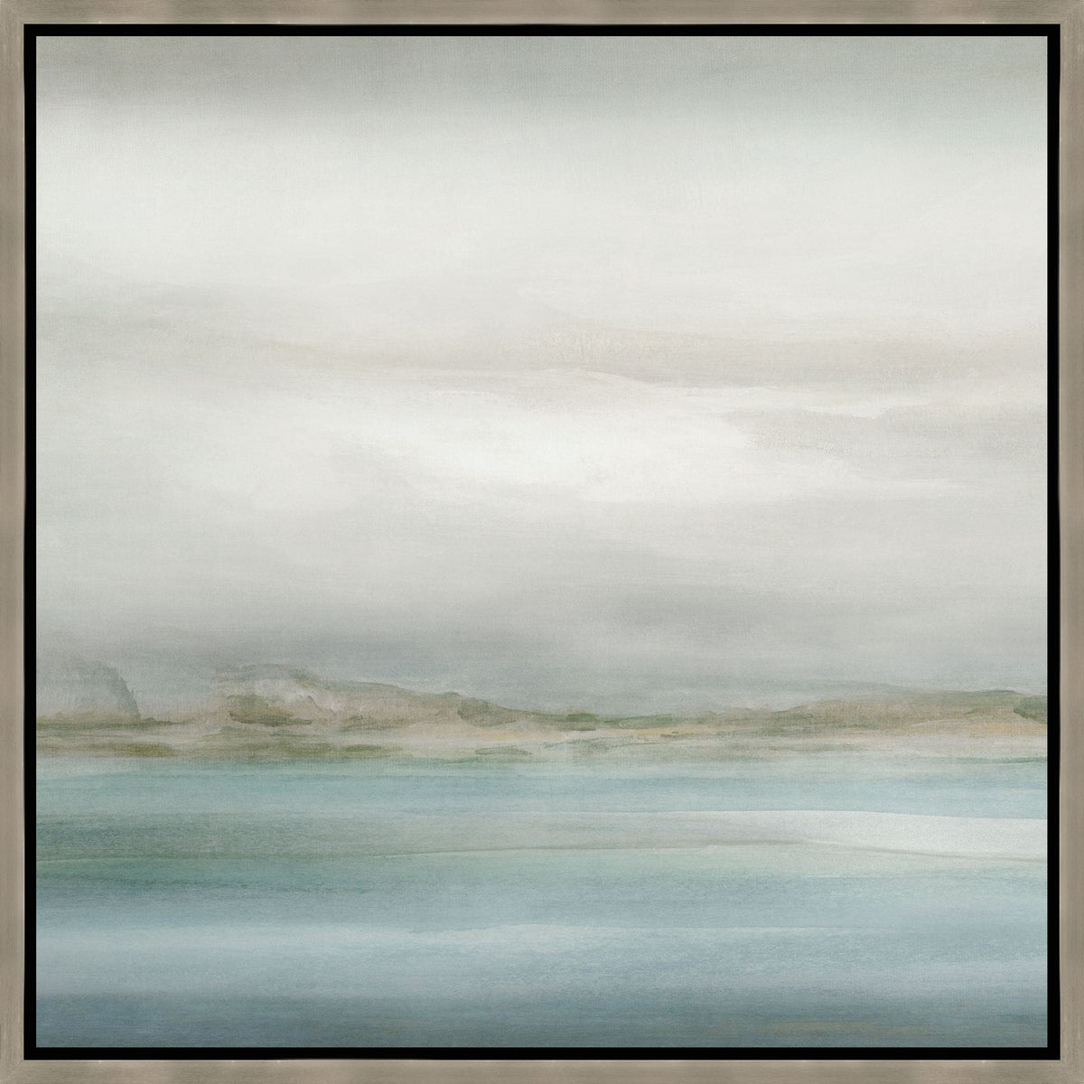 Abstract coastal giclee painting with muted blues, greens, and grays, framed in light wood.