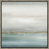 Abstract coastal giclee painting with muted blues, greens, and grays, framed in light wood.
