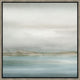 Abstract coastal giclee painting with muted blues, greens, and grays, framed in light wood.