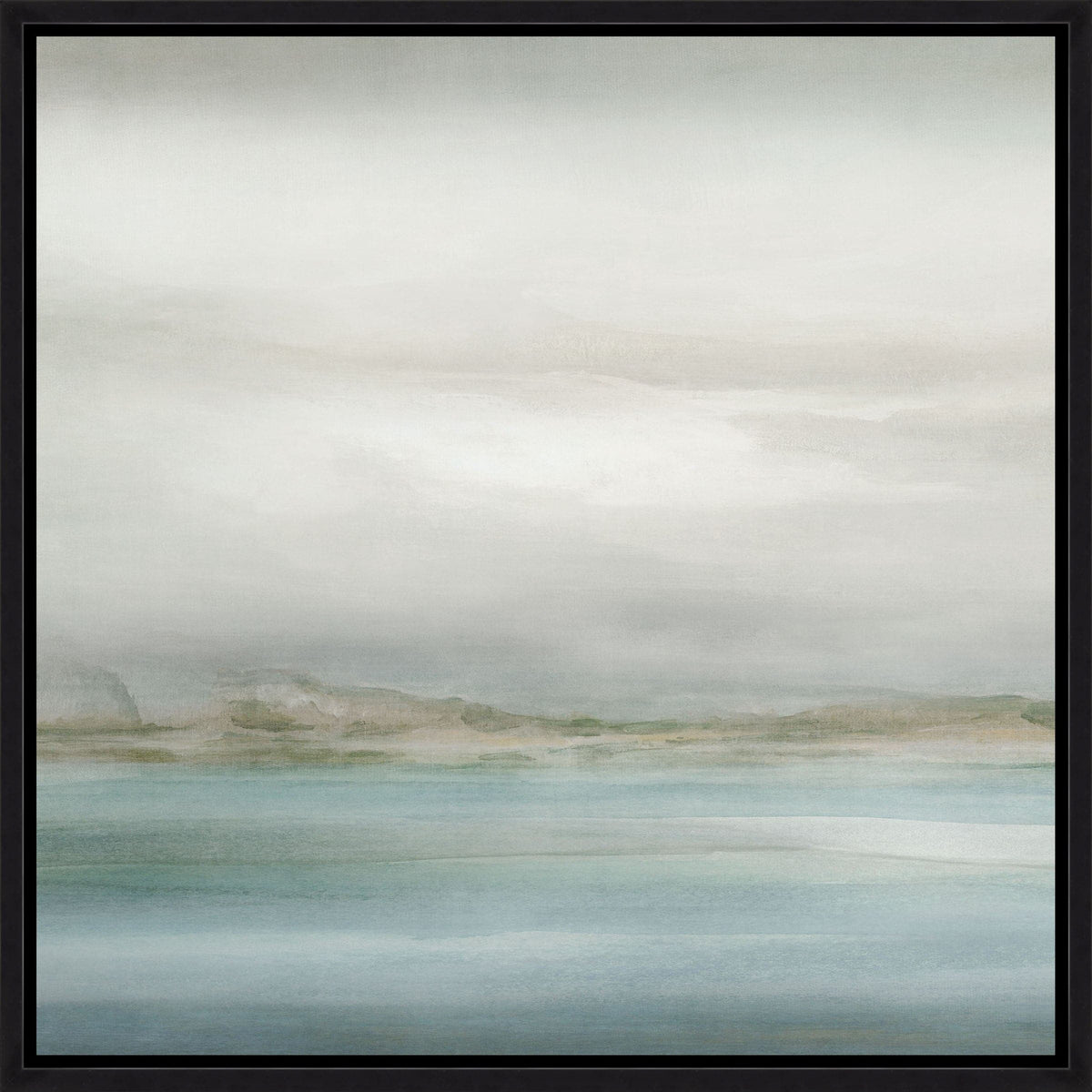 Abstract giclee painting, "Coastline I," with muted coastal colors, horizon depth, and a black frame.