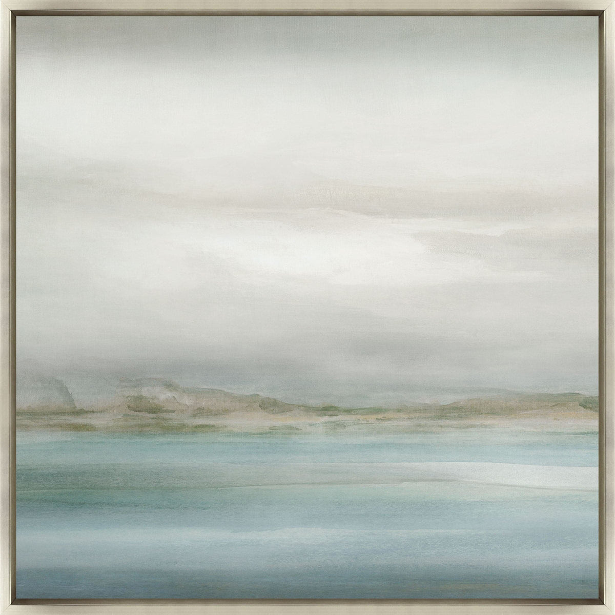 Abstract coastal giclee painting with soft blues, greens, and neutrals, framed in light wood.