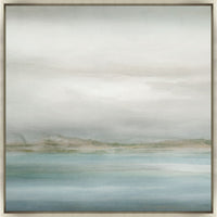 Abstract coastal giclee painting with soft blues, greens, and neutrals, framed in light wood.