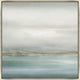 Abstract coastal giclee painting with soft blues, greens, and neutrals, framed in light wood.