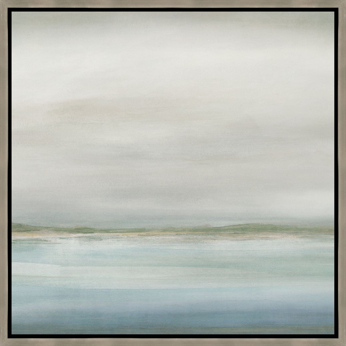 Abstract giclee painting, "Coastline II," with soft blue, green, and cream hues in a light wood frame.