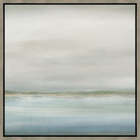 Abstract giclee painting, "Coastline II," with soft blue, green, and cream hues in a light wood frame.