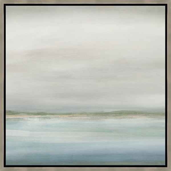 Abstract giclee painting, "Coastline II," with soft blue, green, and cream hues in a light wood frame.