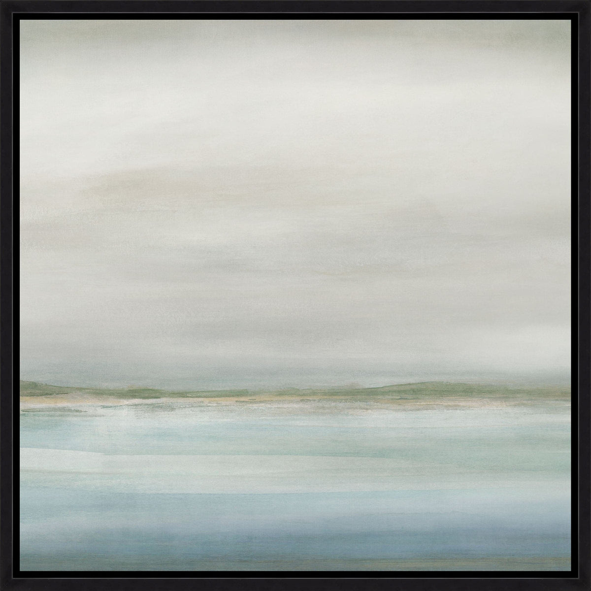 Abstract giclee painting, "Coastline II," with serene blue and green horizon, framed in black.