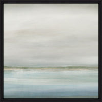 Abstract giclee painting, "Coastline II," with serene blue and green horizon, framed in black.