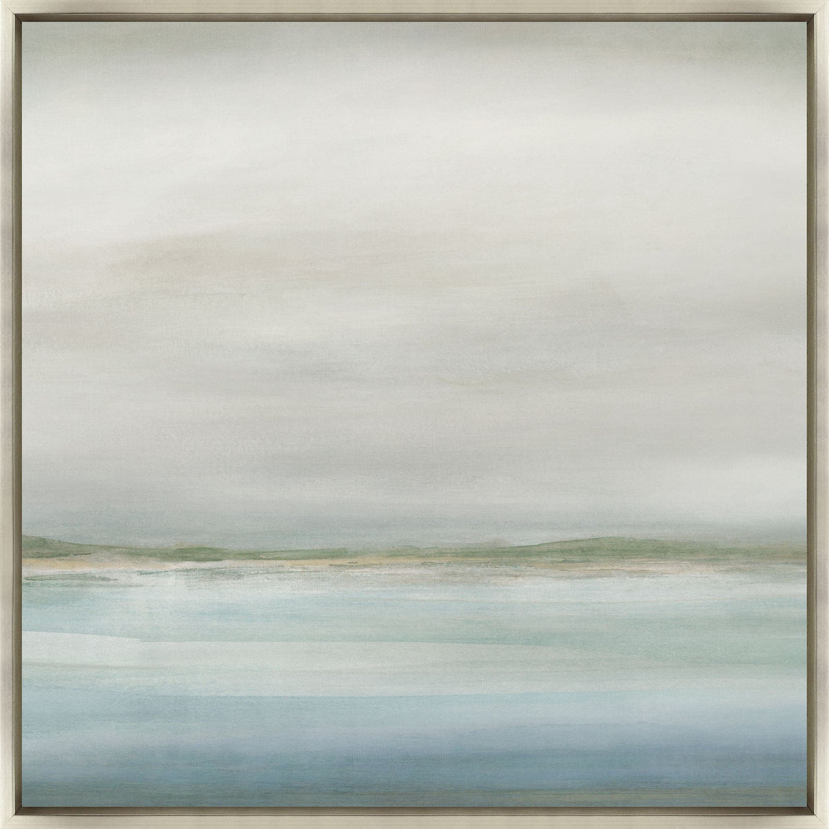 Coastline II Giclee Painting: abstract coastal art with soft blues, greens, and neutrals, framed in light wood.
