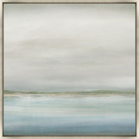 Coastline II Giclee Painting: abstract coastal art with soft blues, greens, and neutrals, framed in light wood.