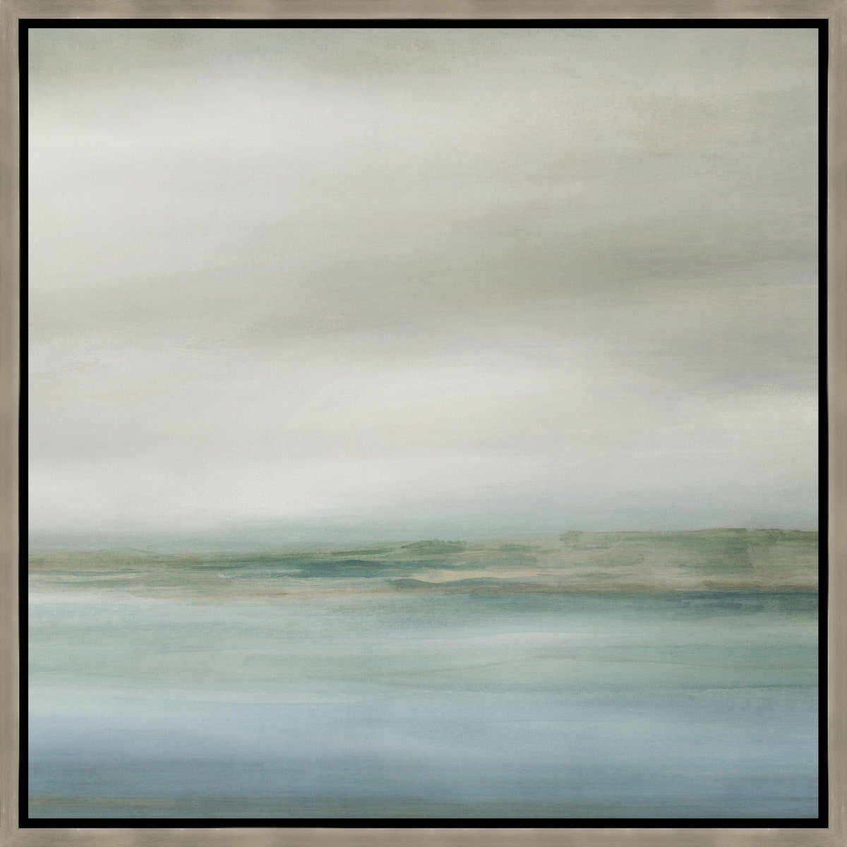 Abstract giclee painting, Coastline III, featuring serene blue and green coastal hues in a light wood frame.