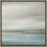 Abstract giclee painting, Coastline III, featuring serene blue and green coastal hues in a light wood frame.