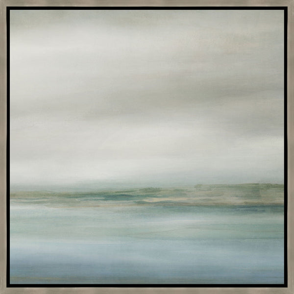 Abstract giclee painting, Coastline III, featuring serene blue and green coastal hues in a light wood frame.