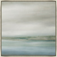 Coastline III Giclee Painting: abstract coastal art with soft blues, greens, and grays in a light frame.