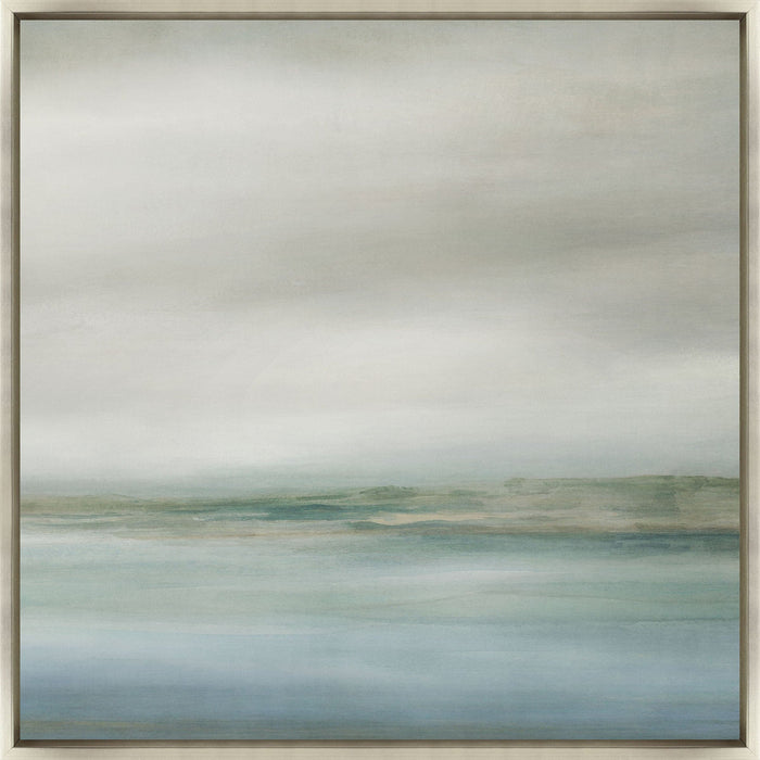 Coastline III Giclee Painting: abstract coastal art with soft blues, greens, and grays in a light frame.