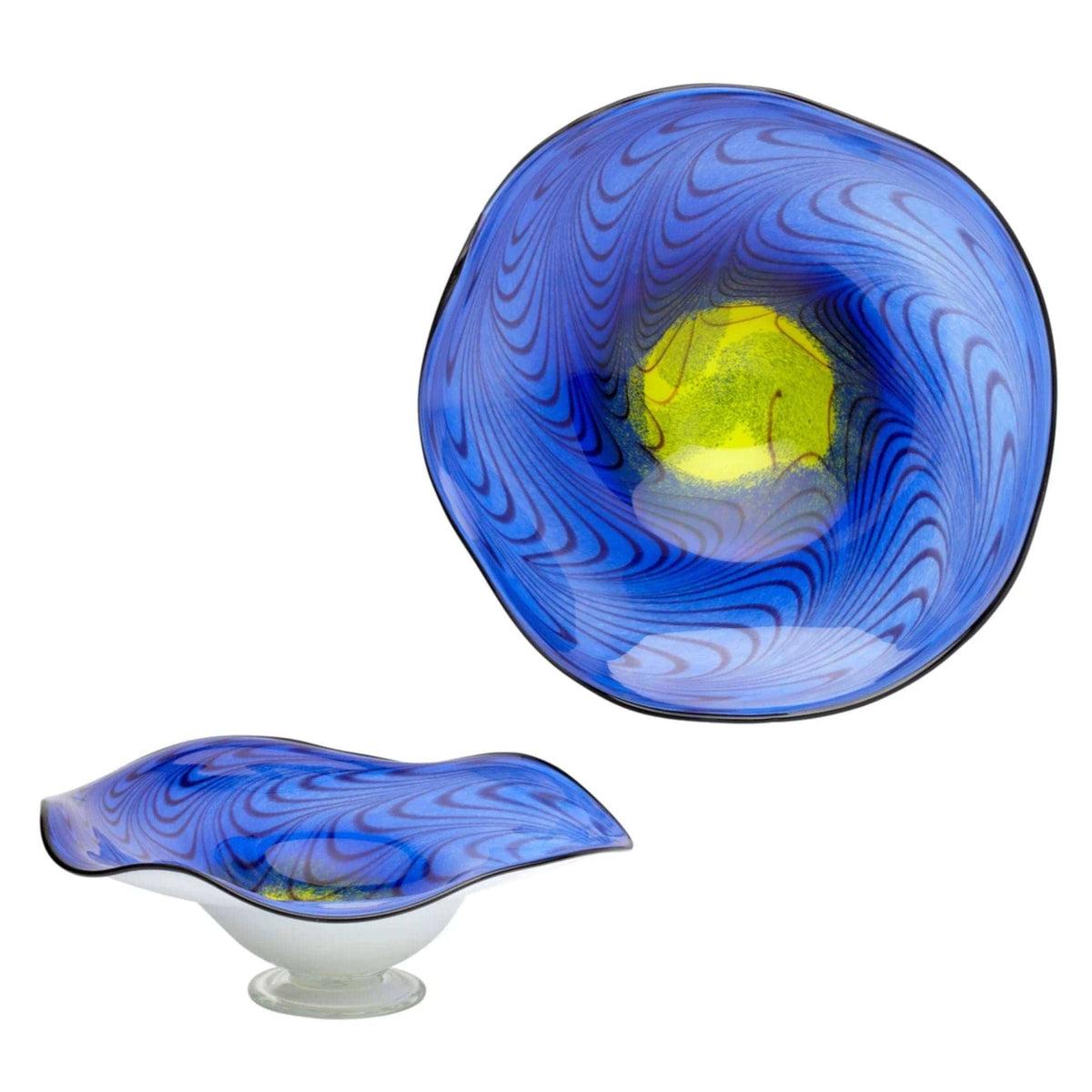 Handcrafted cobalt blue art glass decorative bowl with yellow swirls, shown from top and side views.