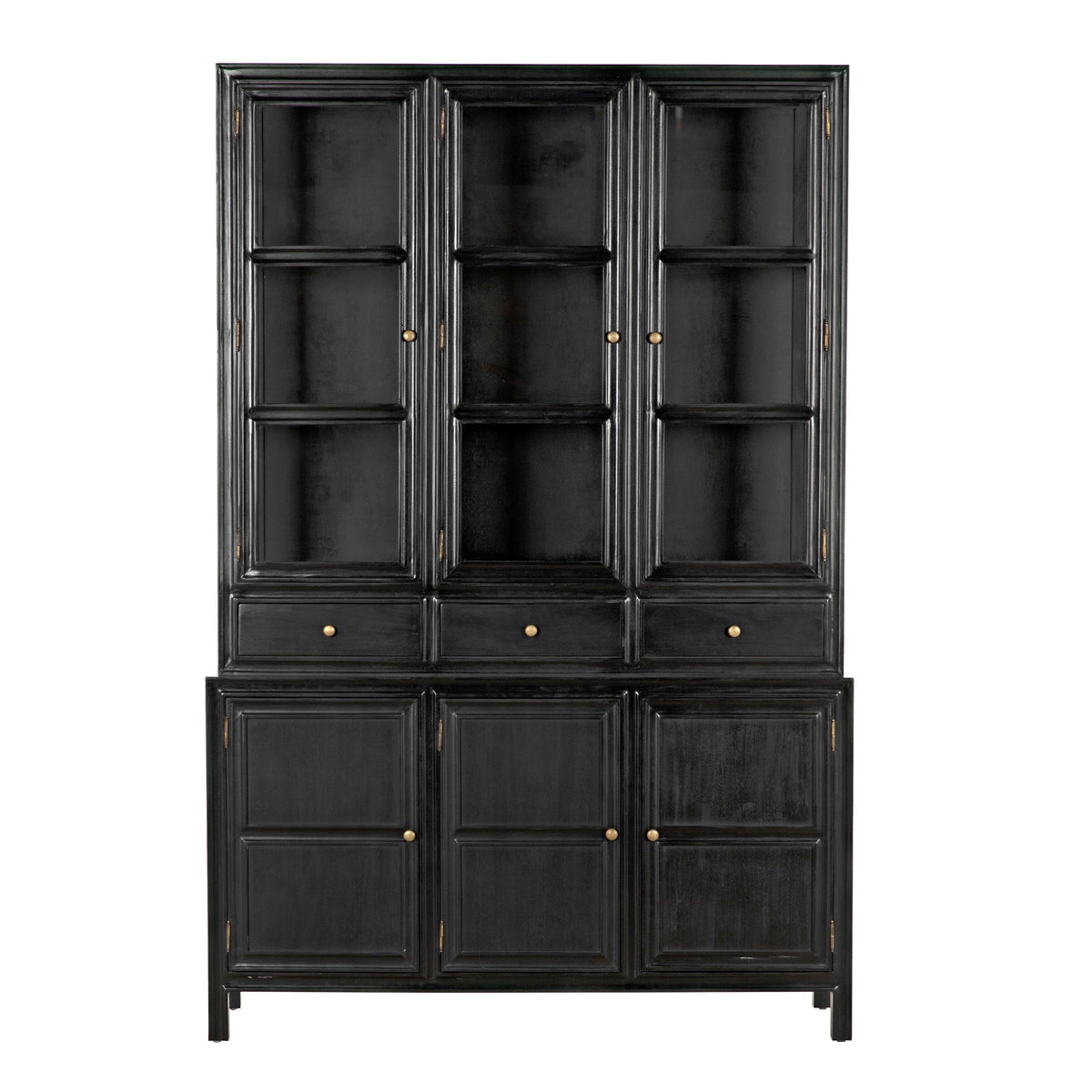 Colonial Hand Rubbed Black mahogany hutch with glass doors, three drawers, and lower cabinets.