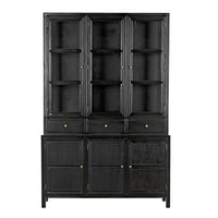 Colonial Hand Rubbed Black mahogany hutch with glass doors, three drawers, and lower cabinets.